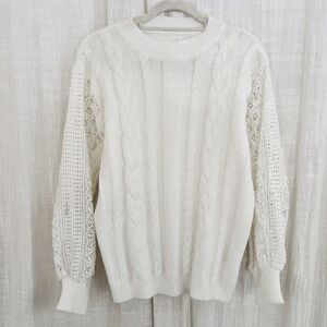 White Lacy Crochet Knit Sleeved Cable Knit Super Soft Sweater - Womens Large